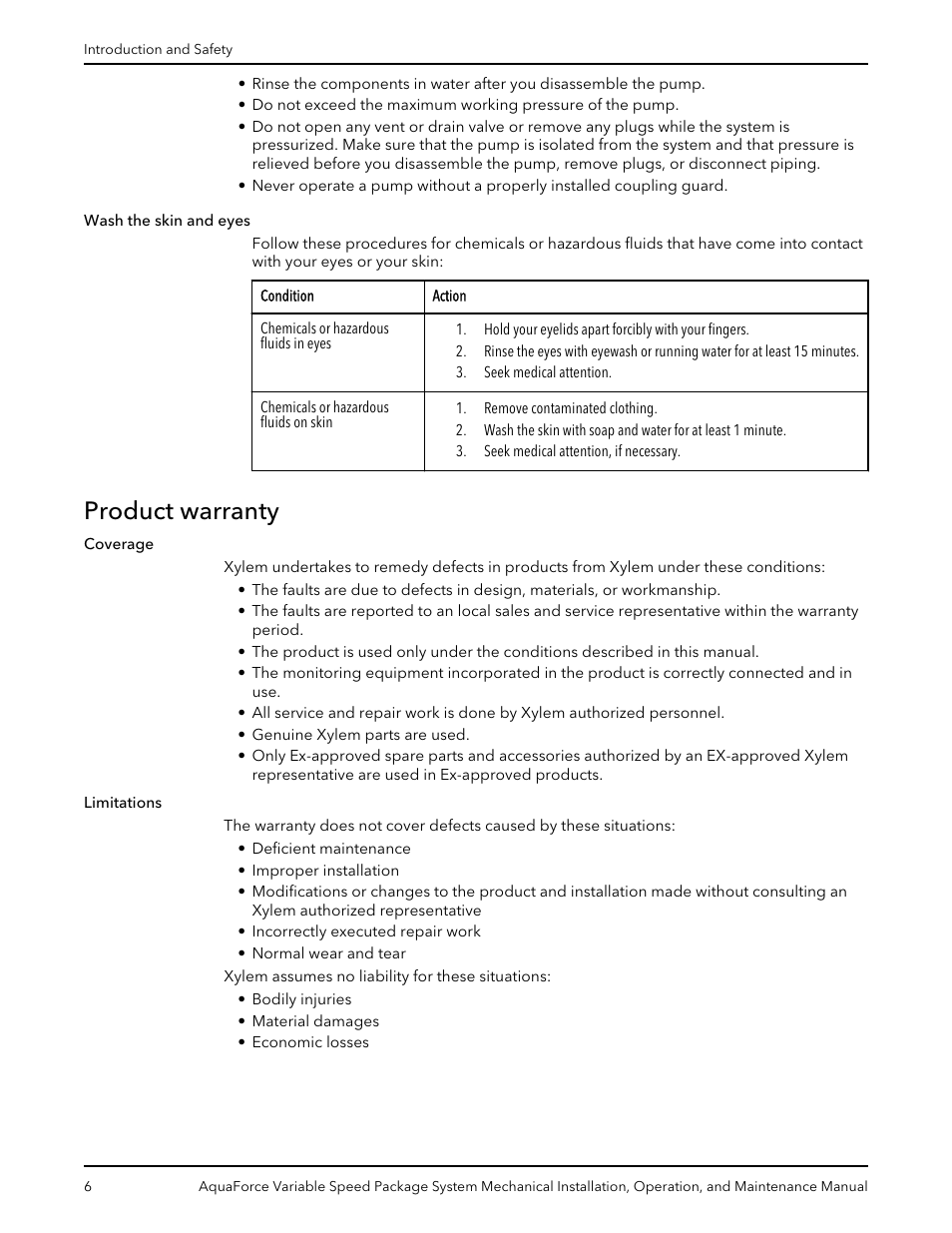 Product warranty, Wash the skin and eyes | Xylem AquaForce Variable Speed Package System User Manual | Page 8 / 34