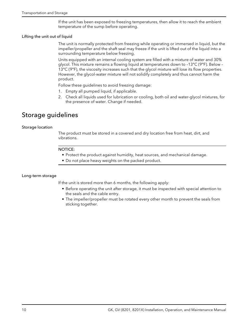 Storage guidelines, Lifting the unit out of liquid, Storage location long-term storage | Xylem GK GV (8201, 8201X) User Manual | Page 12 / 44