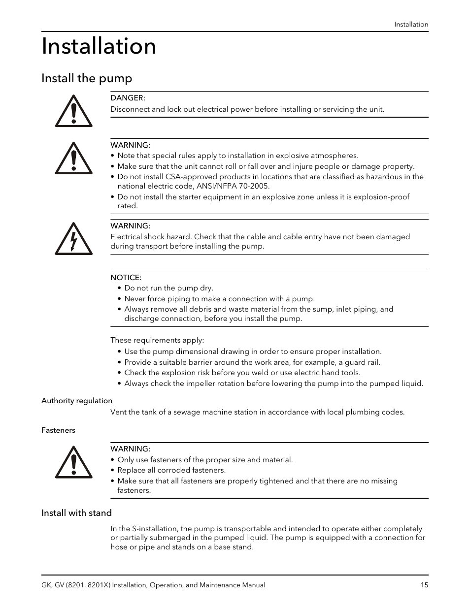 Installation, Install the pump, Install with stand | Authority regulation fasteners install with stand | Xylem GK GV (8201, 8201X) User Manual | Page 17 / 44