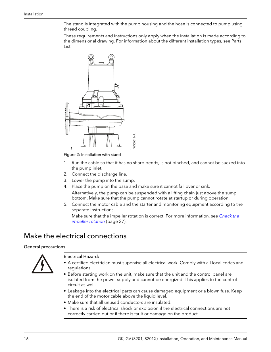 Make the electrical connections, General precautions | Xylem GK GV (8201, 8201X) User Manual | Page 18 / 44