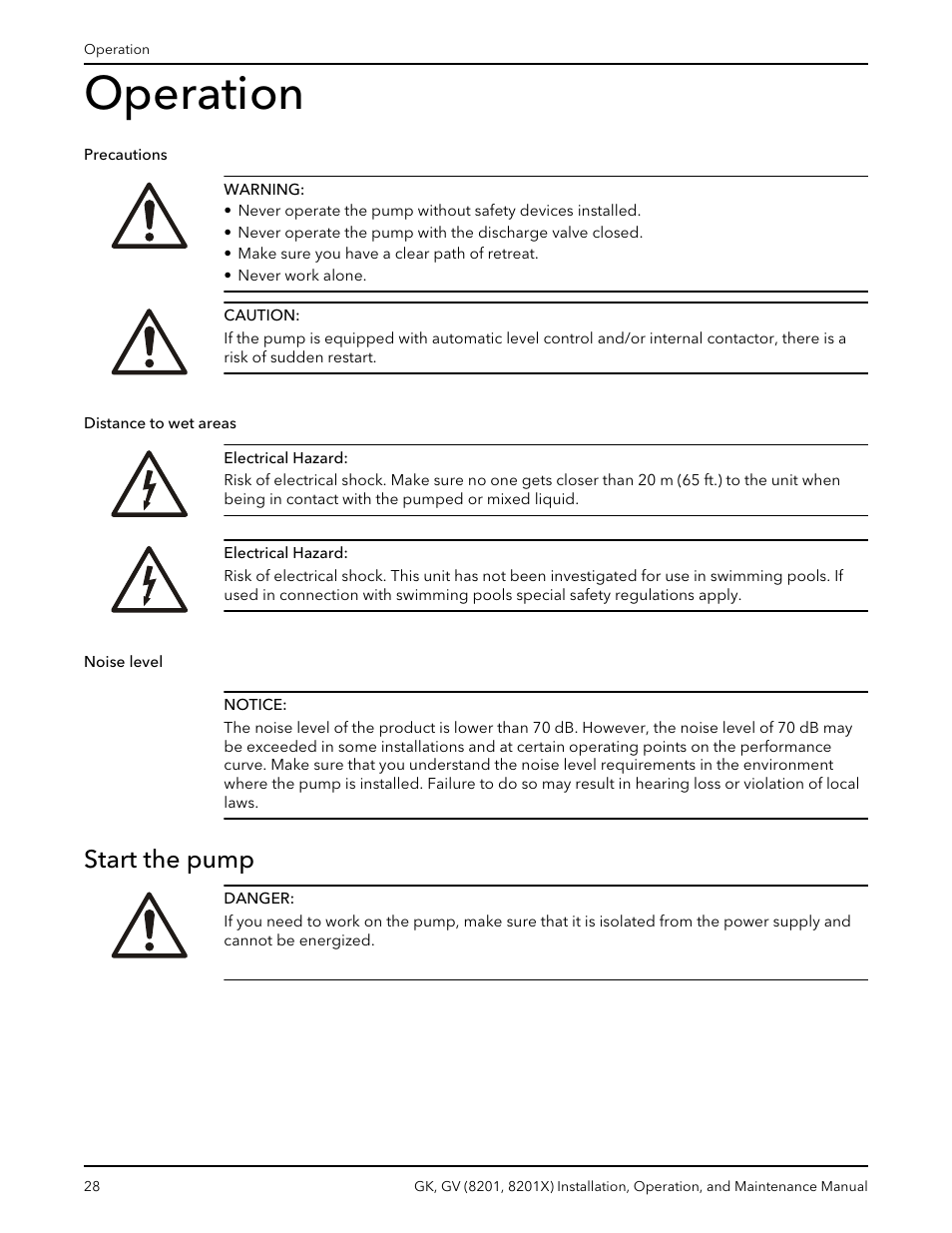 Operation, Start the pump, Precautions distance to wet areas noise level | Xylem GK GV (8201, 8201X) User Manual | Page 30 / 44