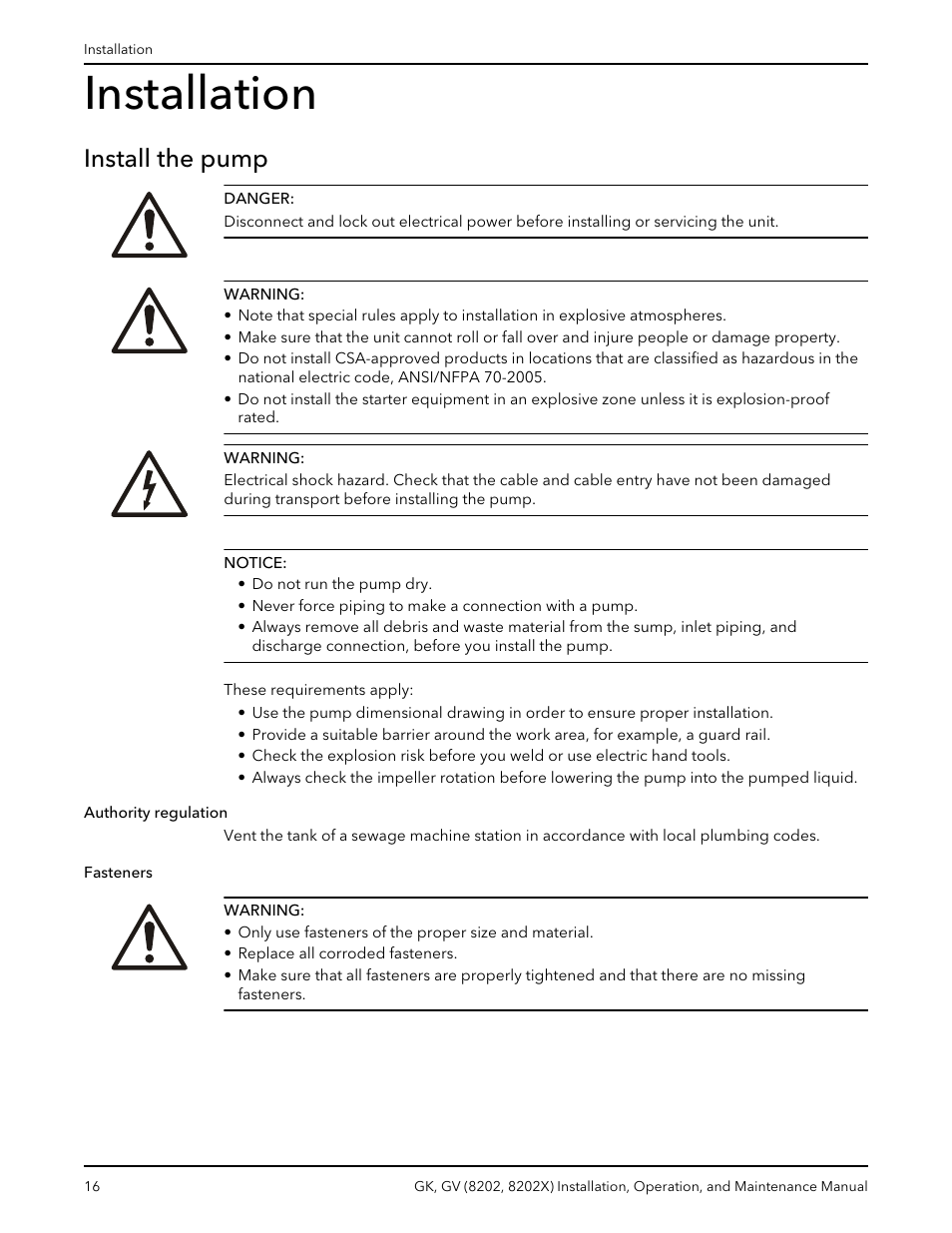 Installation, Install the pump, Authority regulation fasteners | Xylem GK GV (8202, 8202X) User Manual | Page 18 / 48