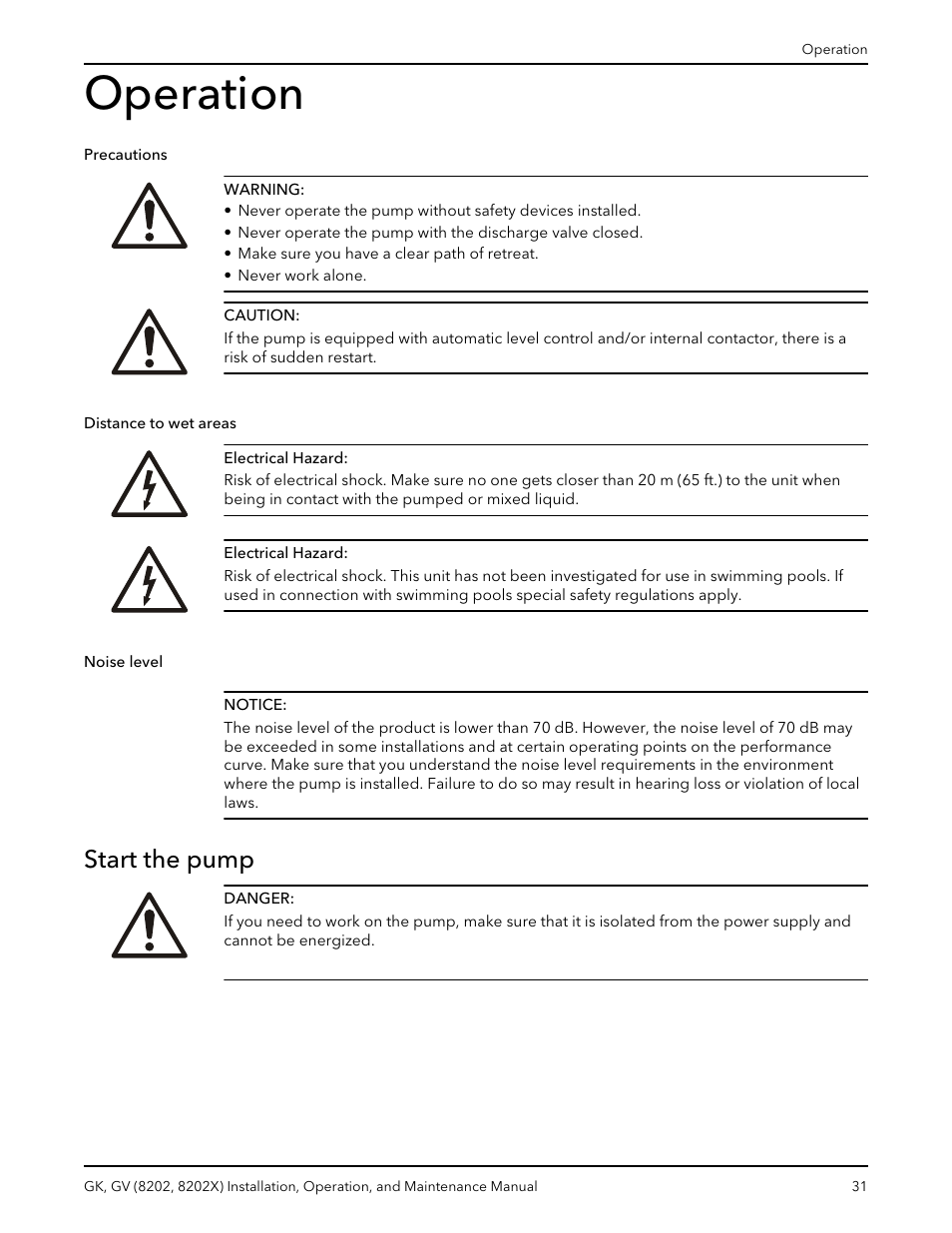 Operation, Start the pump, Precautions | Distance to wet areas noise level start the pump | Xylem GK GV (8202, 8202X) User Manual | Page 33 / 48