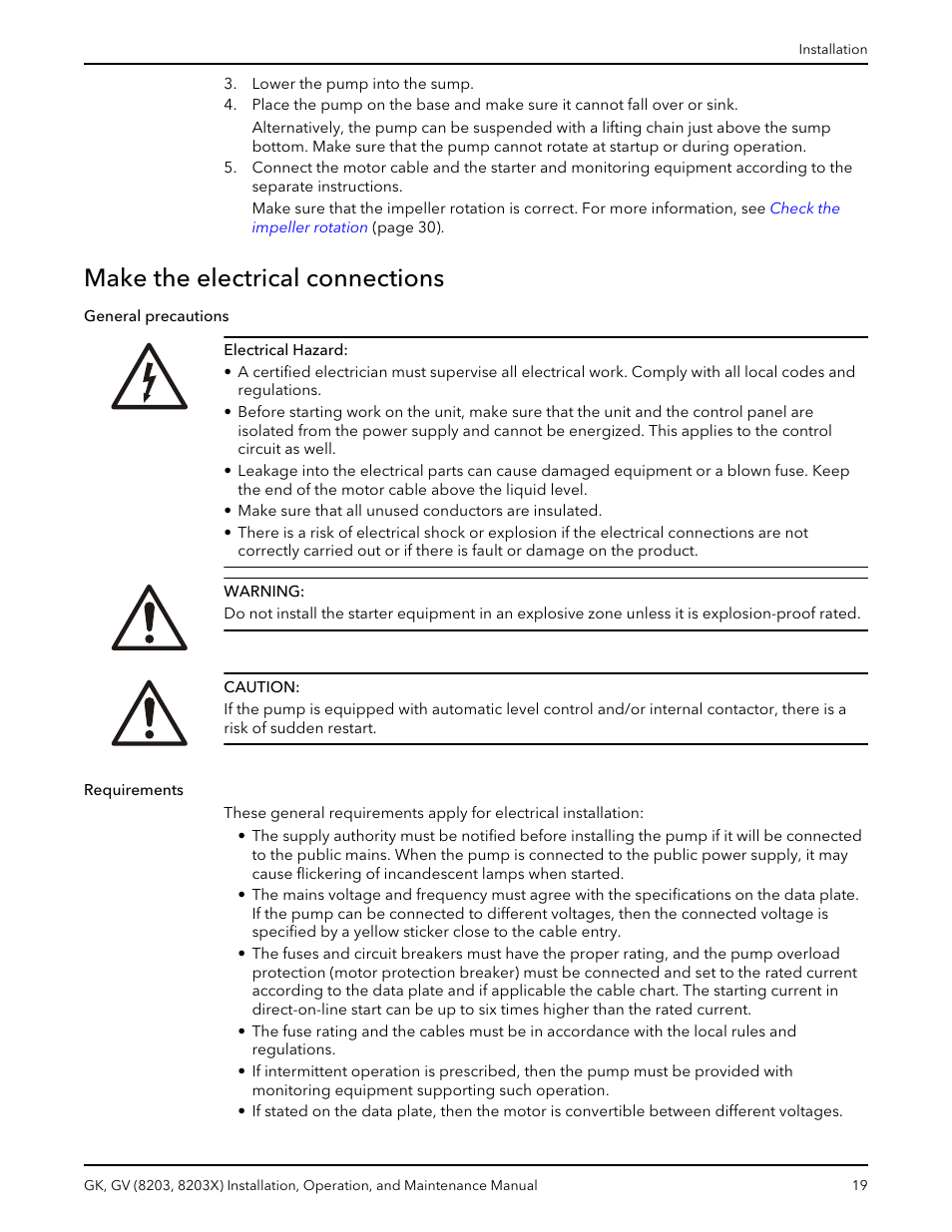 Make the electrical connections, General precautions requirements | Xylem GK GV (8203, 8203X) User Manual | Page 21 / 56
