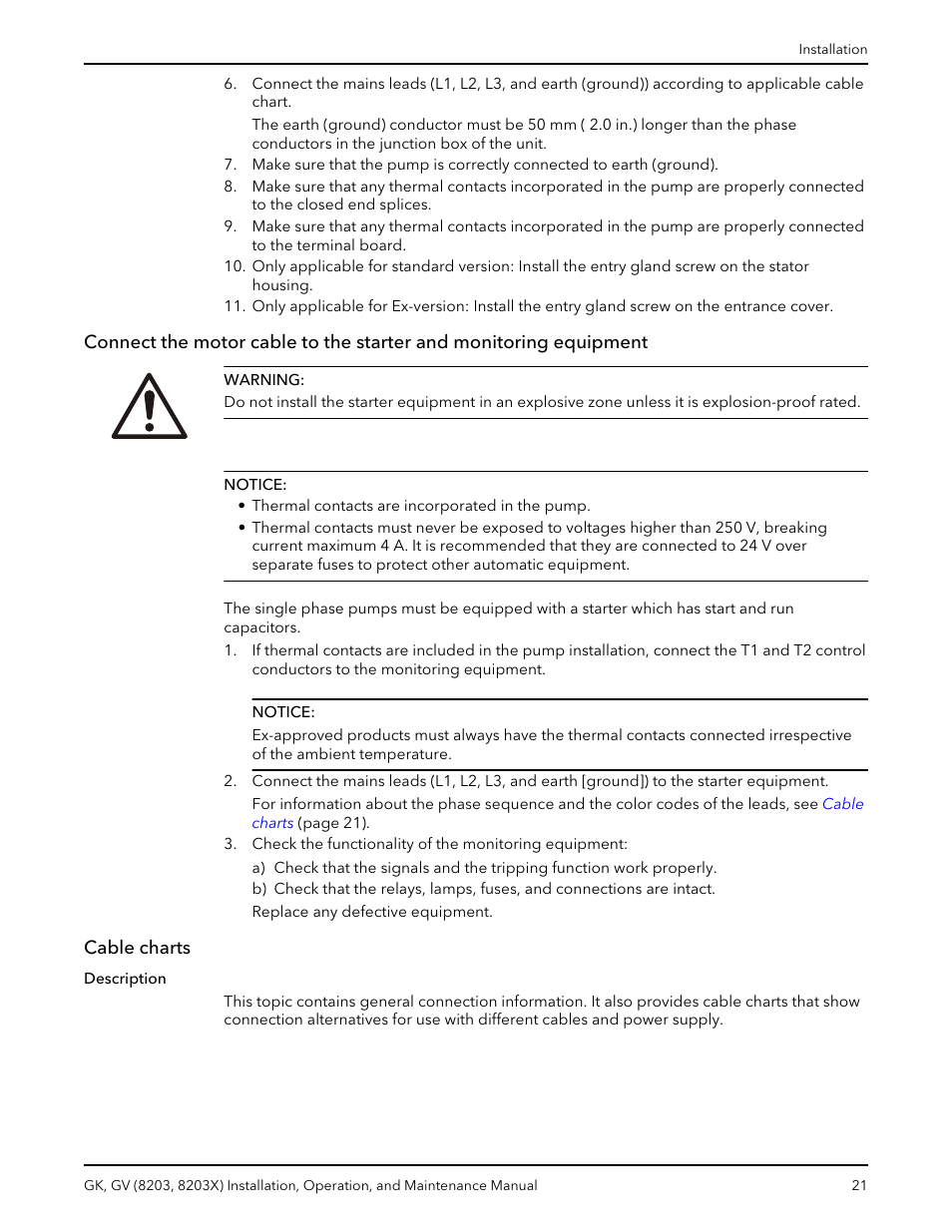 Cable charts | Xylem GK GV (8203, 8203X) User Manual | Page 23 / 56
