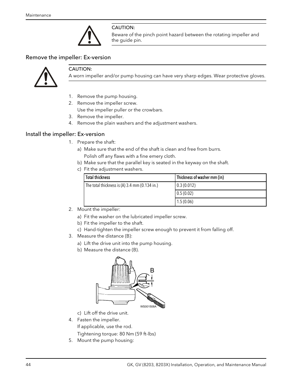 Remove the impeller: ex-version, Install the impeller: ex-version | Xylem GK GV (8203, 8203X) User Manual | Page 46 / 56