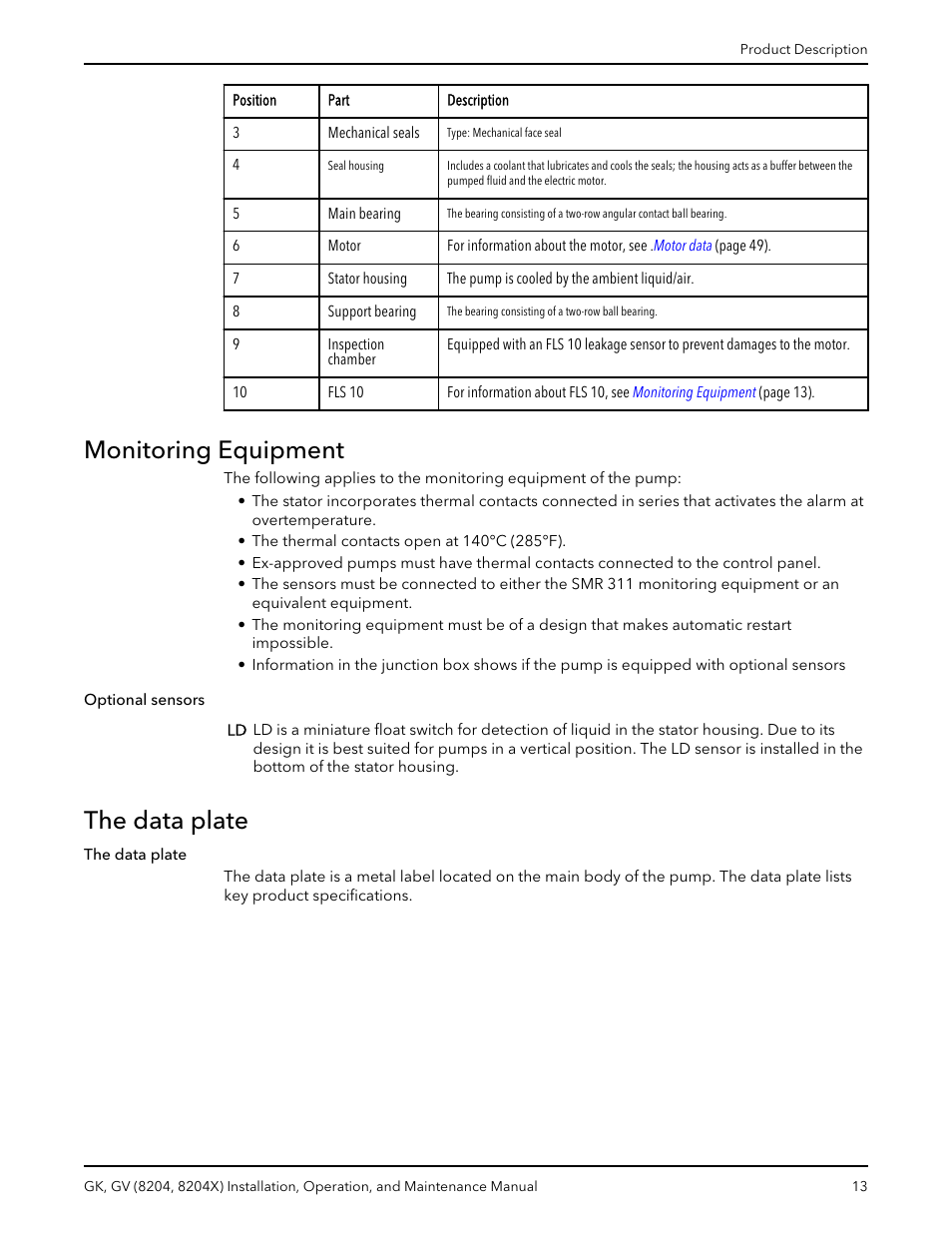 Monitoring equipment, The data plate, Optional sensors | Xylem GK GV (8204, 8204X) User Manual | Page 15 / 52