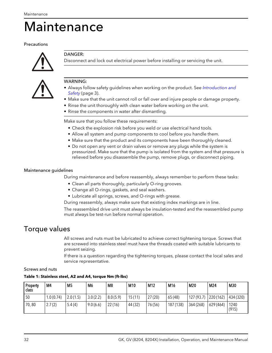 Maintenance, Torque values, Precautions maintenance guidelines torque values | Xylem GK GV (8204, 8204X) User Manual | Page 34 / 52