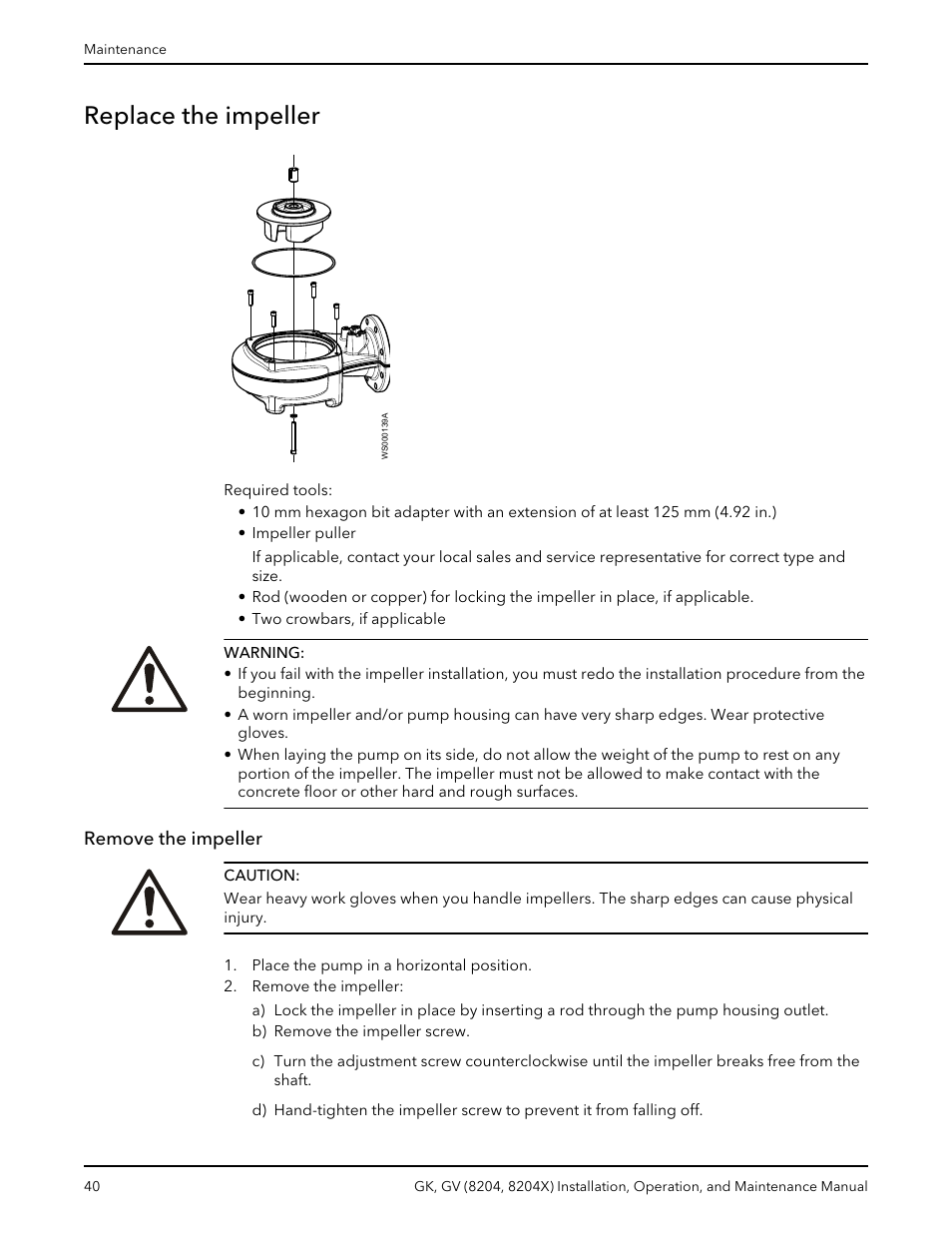 Replace the impeller, Remove the impeller | Xylem GK GV (8204, 8204X) User Manual | Page 42 / 52