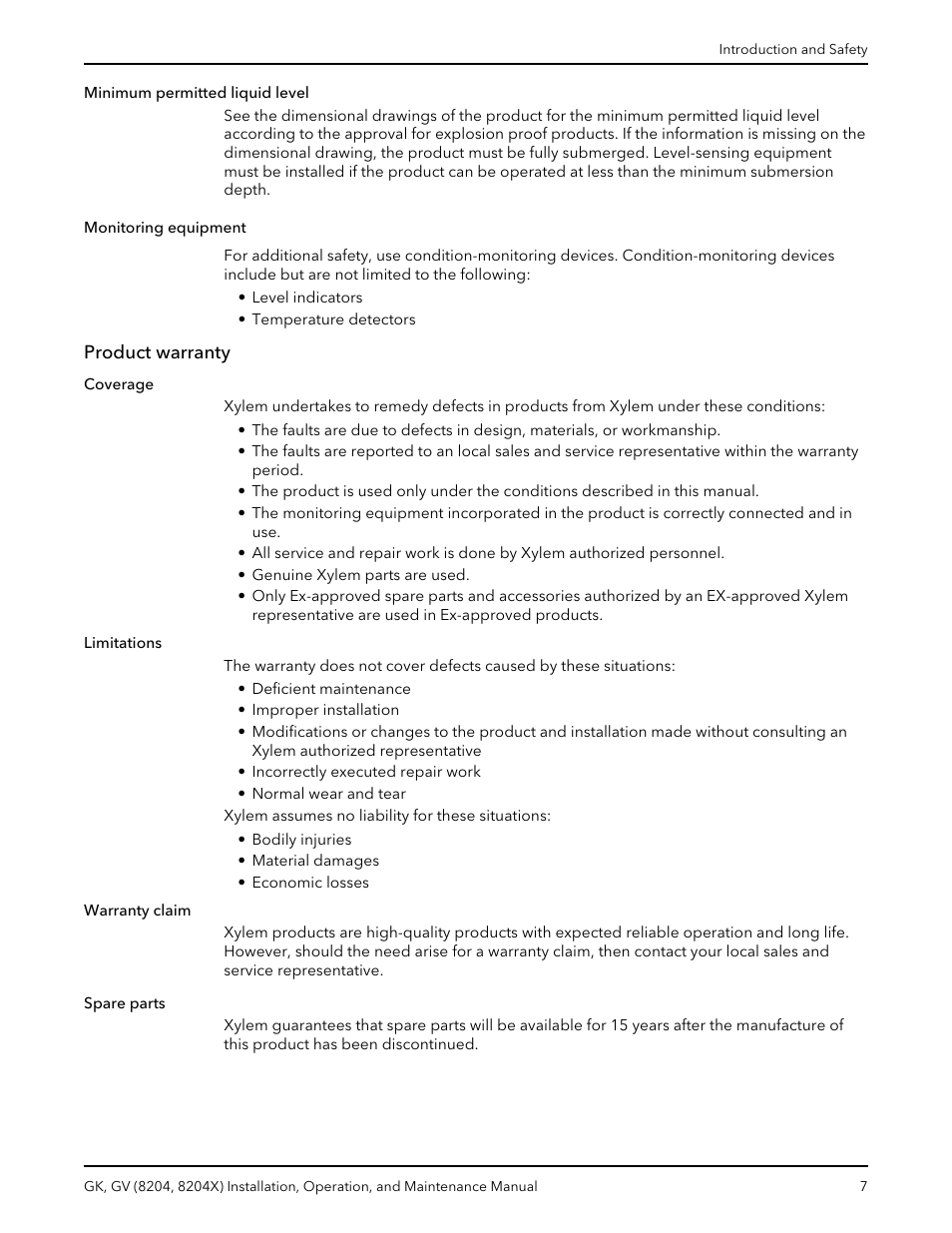 Product warranty | Xylem GK GV (8204, 8204X) User Manual | Page 9 / 52