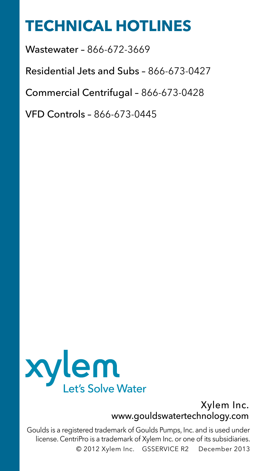 Technical hotlines | Xylem GSSERVICE R2 Service Manual Submersible Pumps & Jet Pumps User Manual | Page 100 / 100