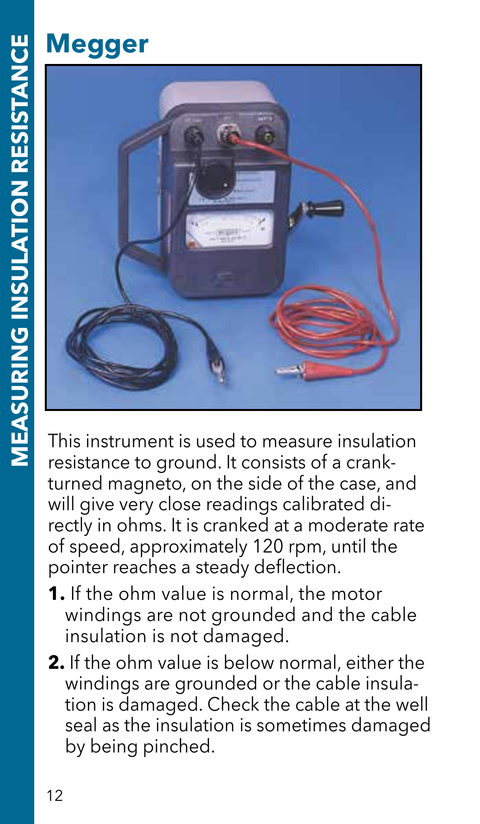 Megger, Measuring insula tion resis tance | Xylem GSSERVICE R2 Service Manual Submersible Pumps & Jet Pumps User Manual | Page 14 / 100