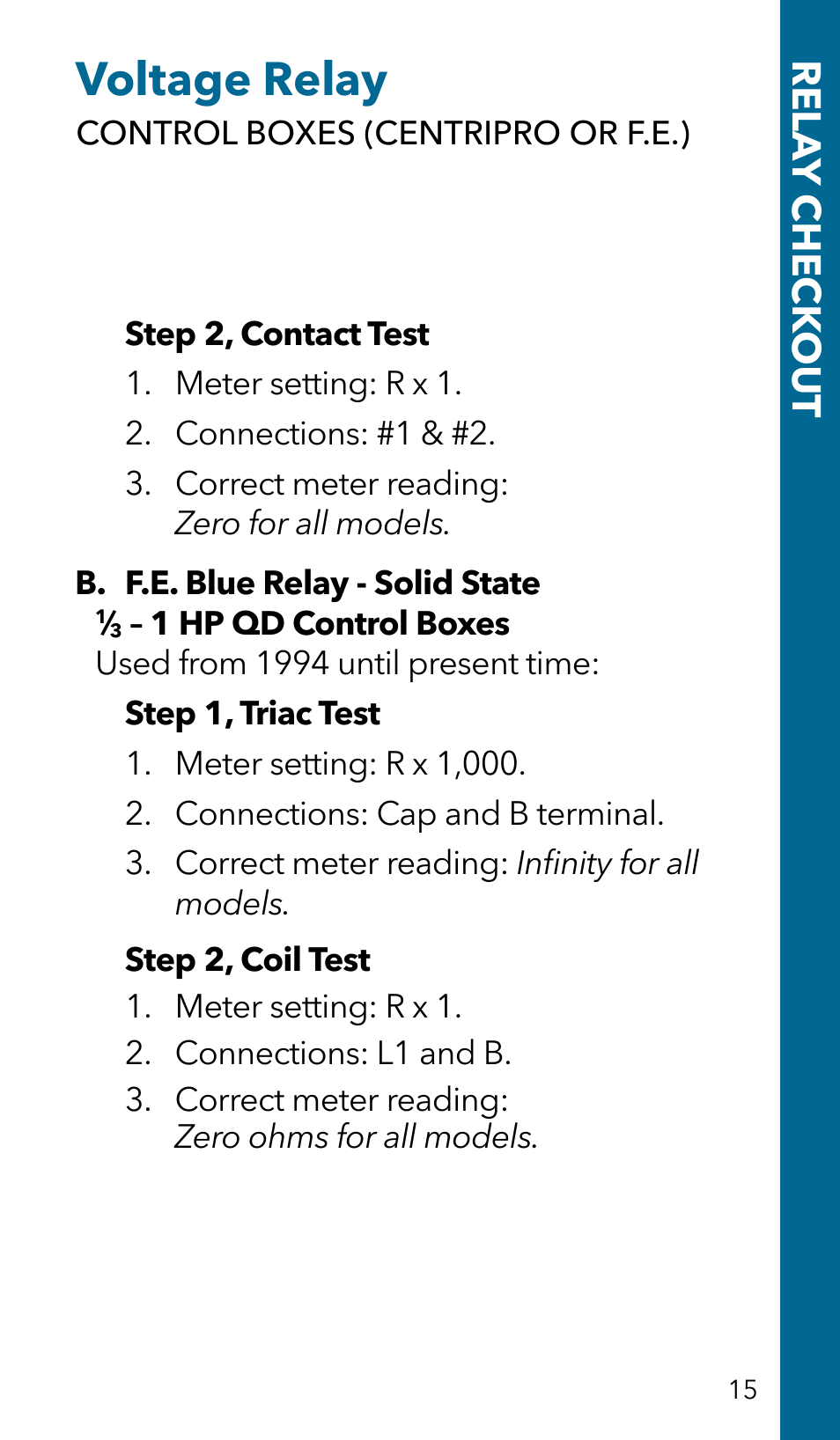 Voltage relay, Rela y check out | Xylem GSSERVICE R2 Service Manual Submersible Pumps & Jet Pumps User Manual | Page 17 / 100