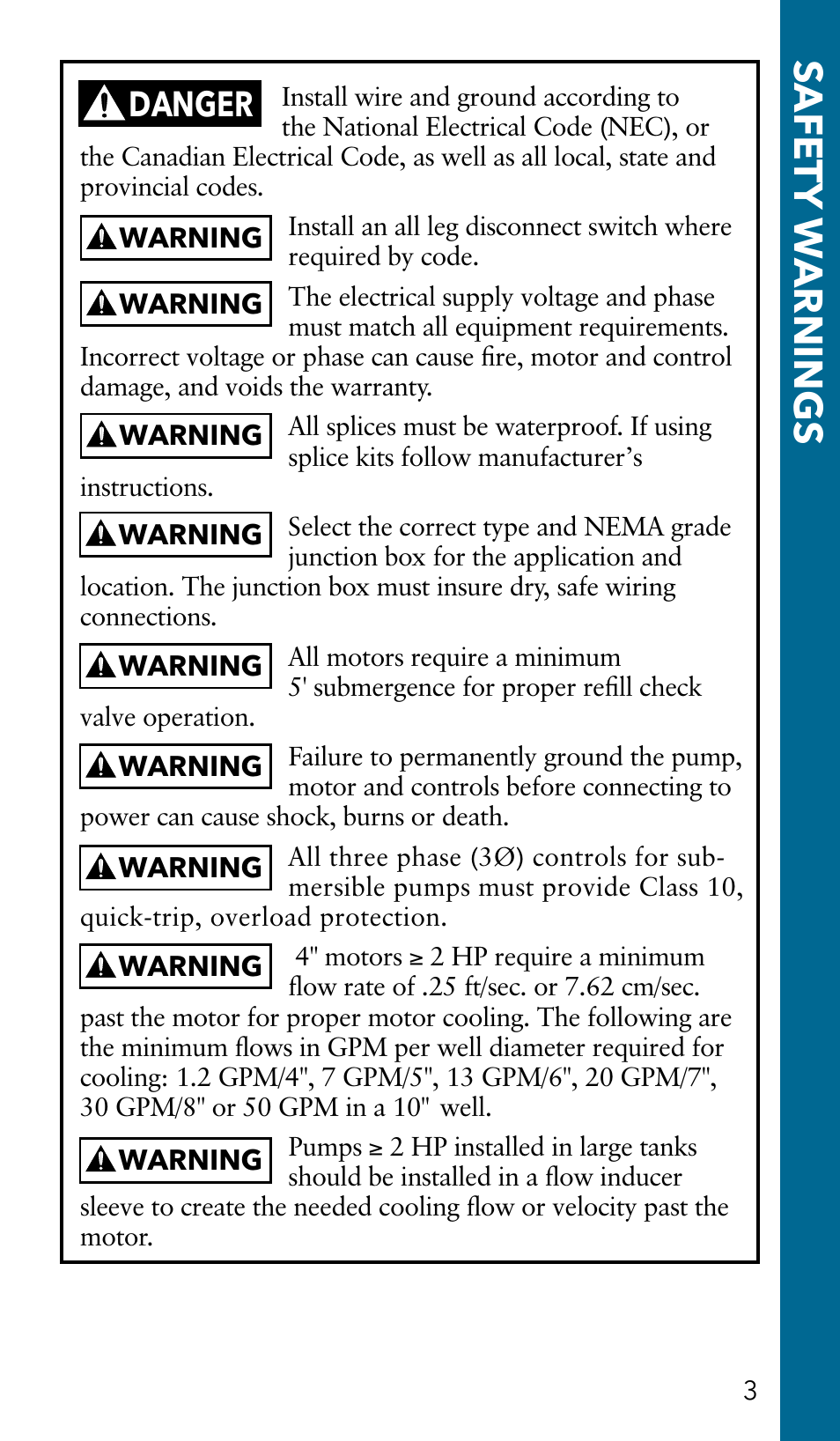 Safet y w arnings, Danger | Xylem GSSERVICE R2 Service Manual Submersible Pumps & Jet Pumps User Manual | Page 5 / 100