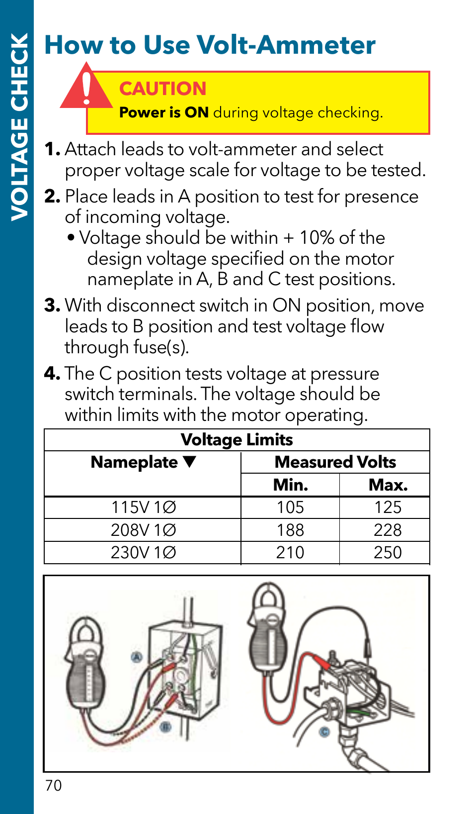 How to use volt-ammeter, Vol ta ge check | Xylem GSSERVICE R2 Service Manual Submersible Pumps & Jet Pumps User Manual | Page 72 / 100