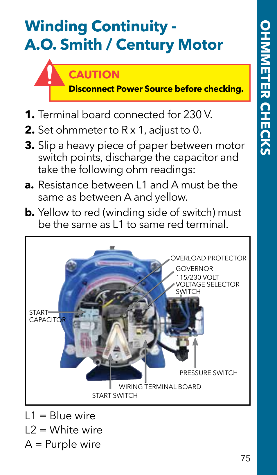 Winding continuity - a.o. smith / century motor, Ohmmeter checks, L1 = blue wire l2 = white wire a = purple wire | Xylem GSSERVICE R2 Service Manual Submersible Pumps & Jet Pumps User Manual | Page 77 / 100