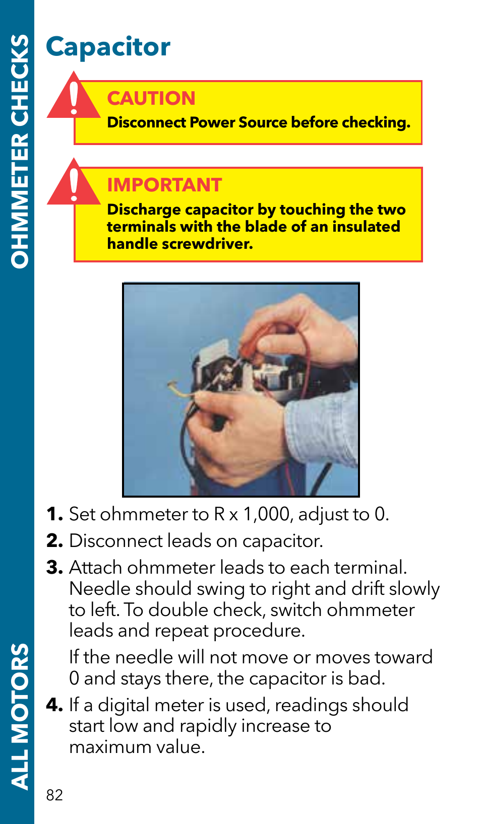 Capacitor, Ohmmeter checks all mo tors | Xylem GSSERVICE R2 Service Manual Submersible Pumps & Jet Pumps User Manual | Page 84 / 100