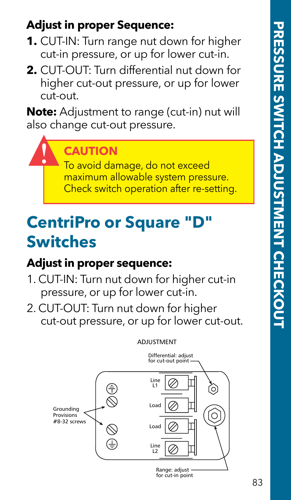 Centripro or square "d" switches, Pressure swit ch ad jus tment check out, Caution | Xylem GSSERVICE R2 Service Manual Submersible Pumps & Jet Pumps User Manual | Page 85 / 100