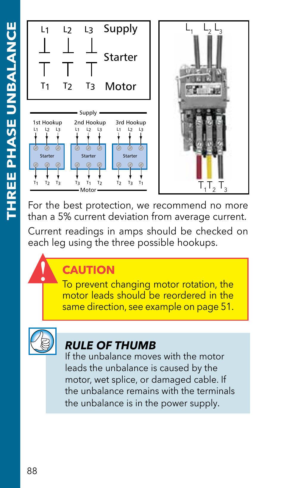 Three phase unbalance, Caution, Rule of thumb | Supply starter motor | Xylem GSSERVICE R2 Service Manual Submersible Pumps & Jet Pumps User Manual | Page 90 / 100