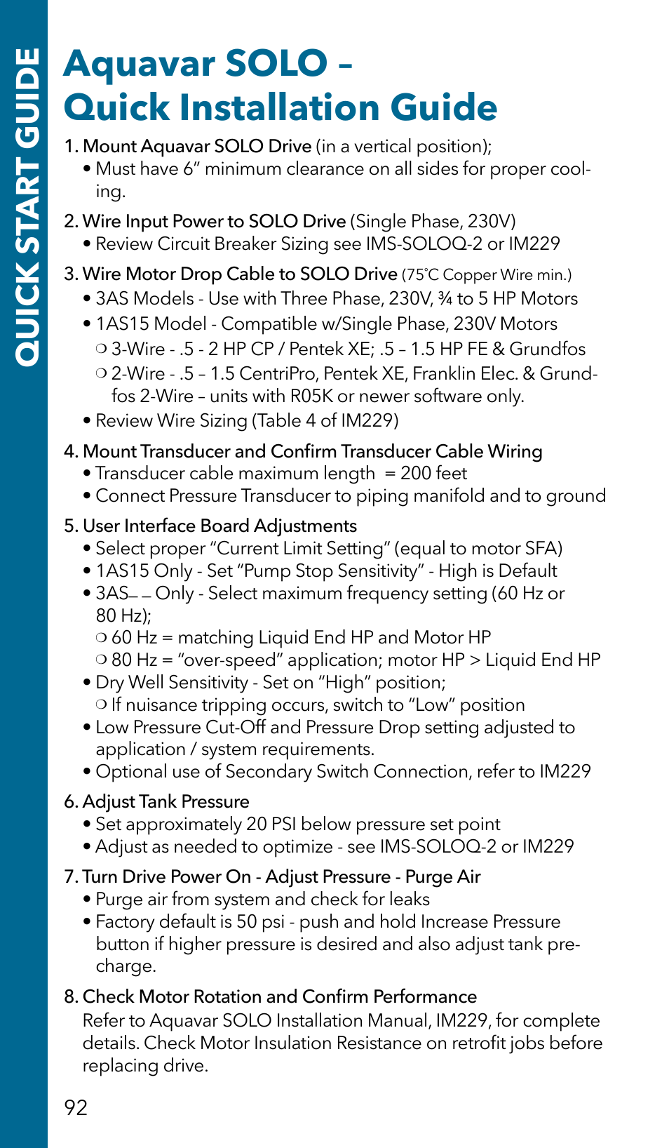 Aquavar solo – quick installation guide, Quick s tar t guide | Xylem GSSERVICE R2 Service Manual Submersible Pumps & Jet Pumps User Manual | Page 94 / 100