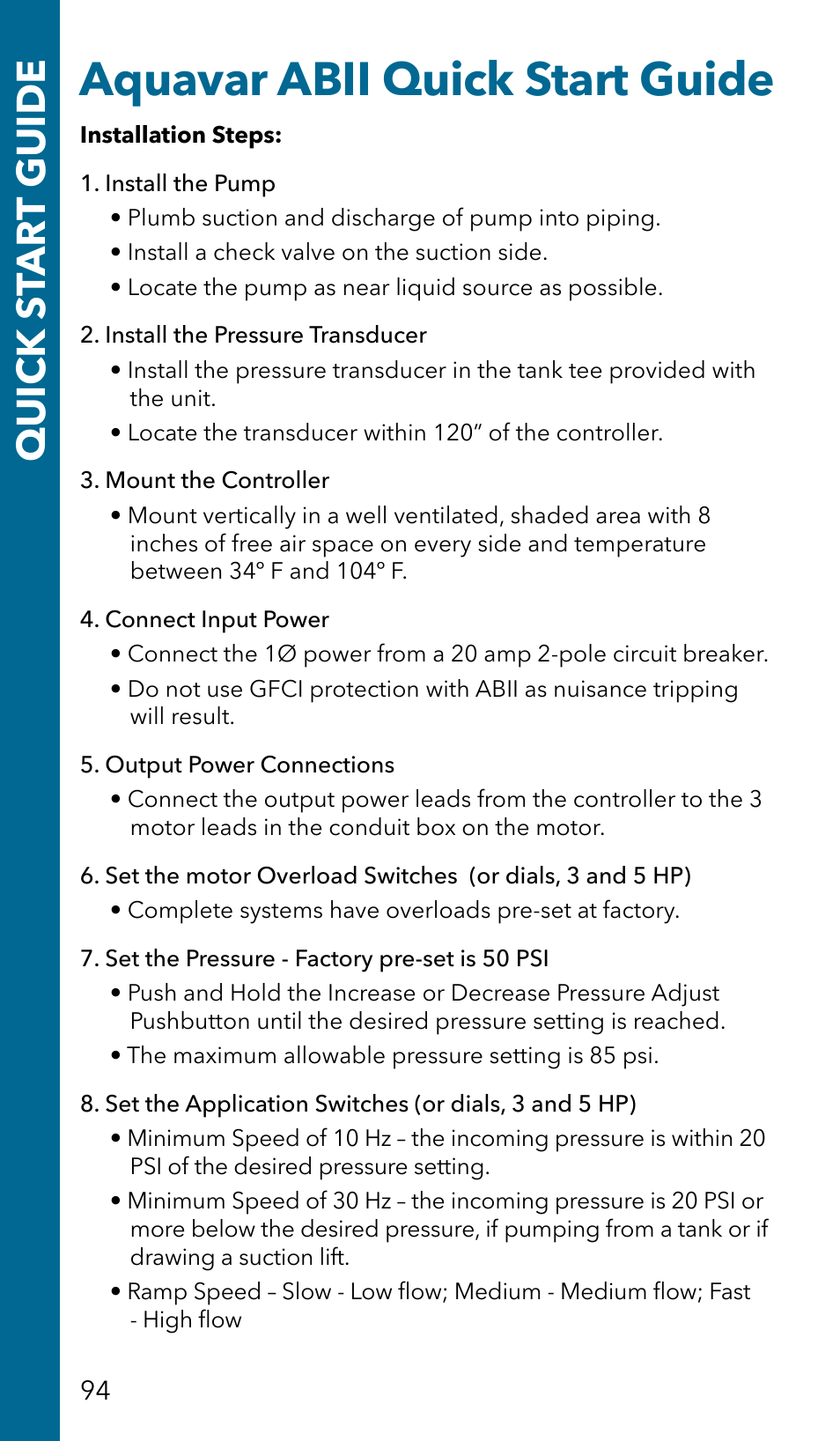 Aquavar abii quick start guide, Quick s tar t guide | Xylem GSSERVICE R2 Service Manual Submersible Pumps & Jet Pumps User Manual | Page 96 / 100