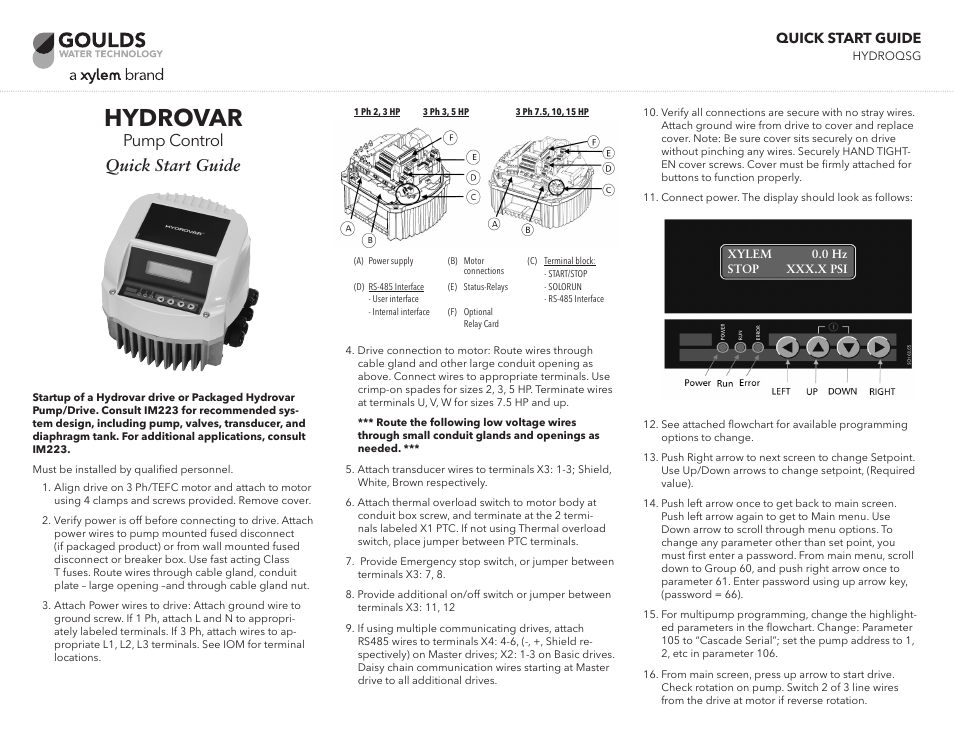 Xylem HYDROQSG Hydrovar Quick Start Guide User Manual | 2 pages