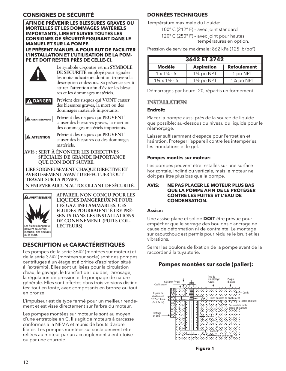 Pompes montées sur socle (palier), Consignes de sécurité, Description et caractéristiques | Données techniques, Installation | Xylem IM007 R05 Models 3642/3742 User Manual | Page 12 / 32