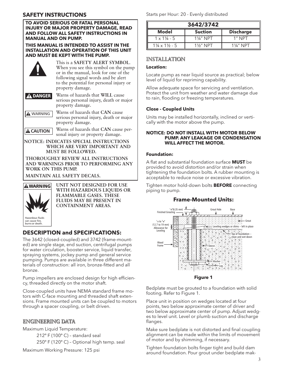 Frame-mounted units, Safety instructions, Description and specifications | Installation, Engineering data | Xylem IM007 R05 Models 3642/3742 User Manual | Page 3 / 32