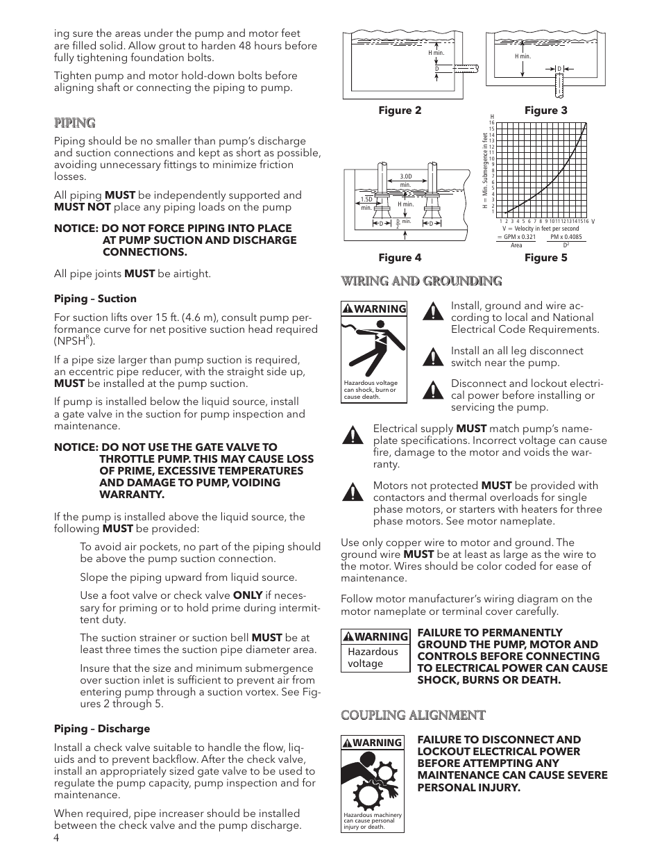 Wiring and grounding, Coupling alignment, Piping | Xylem IM007 R05 Models 3642/3742 User Manual | Page 4 / 32