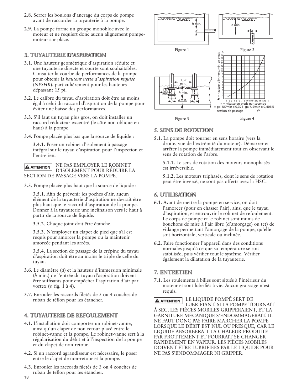 Tuyauterie d’aspiration, Tuyauterie de refoulement, Sens de rotation | Utilisation, Entretien | Xylem IM008 R03 Model HSC User Manual | Page 18 / 24