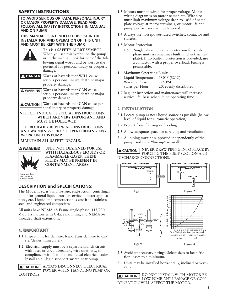 Safety instructions, Description and specifications, Important | Installation | Xylem IM008 R03 Model HSC User Manual | Page 3 / 24