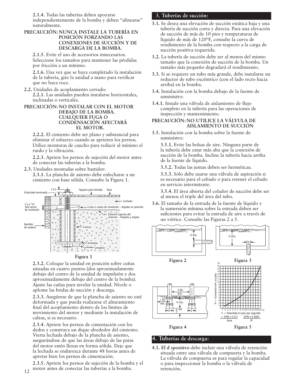 Tuber, Tuberías de succión, Ías de descarga | Xylem IM009 R02 Model 3657/3757 User Manual | Page 12 / 24