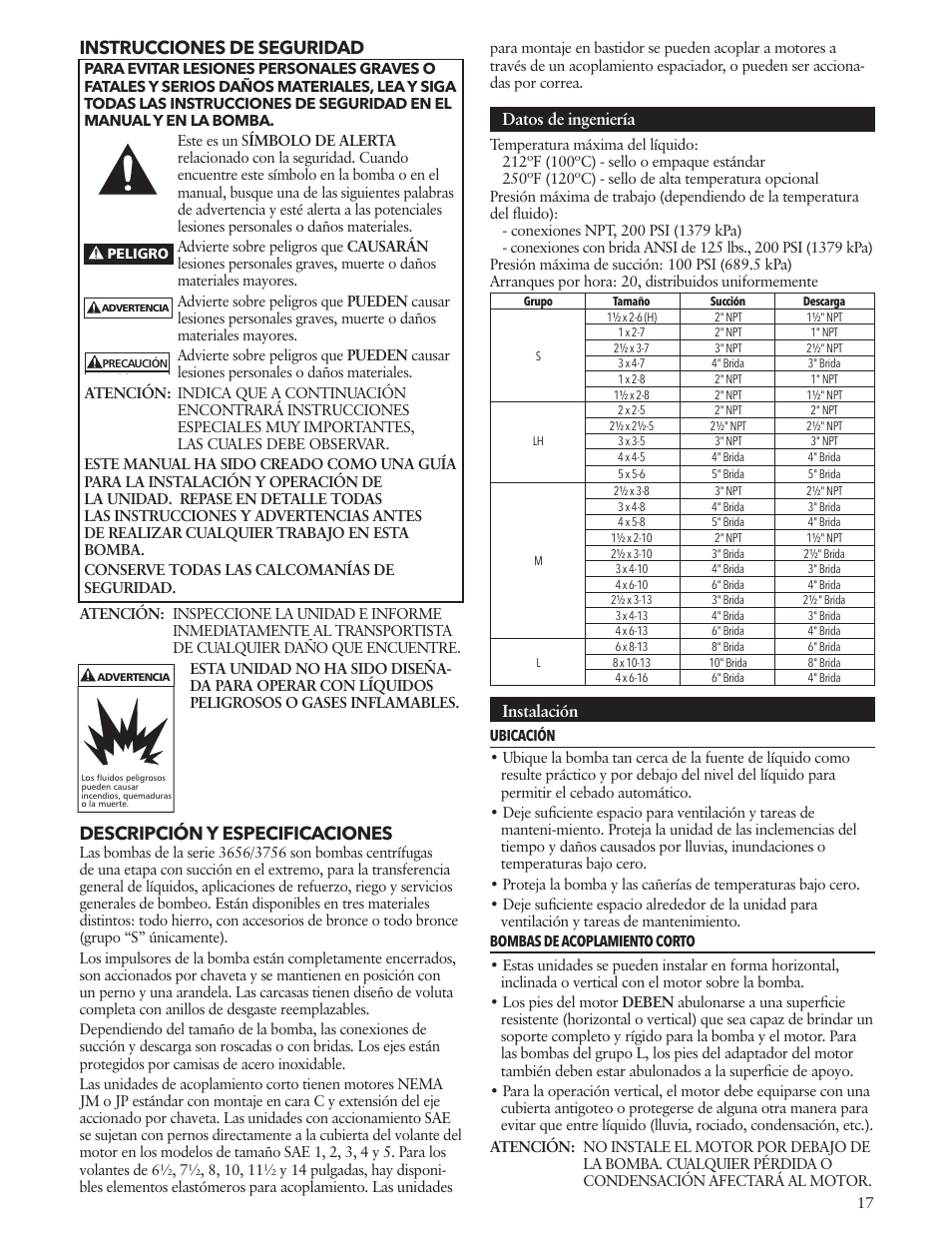 Instrucciones de seguridad, Descripción y especificaciones, Datos de ingeniería | Instalación | Xylem IM010 R08 Model 3656/3756 User Manual | Page 17 / 48