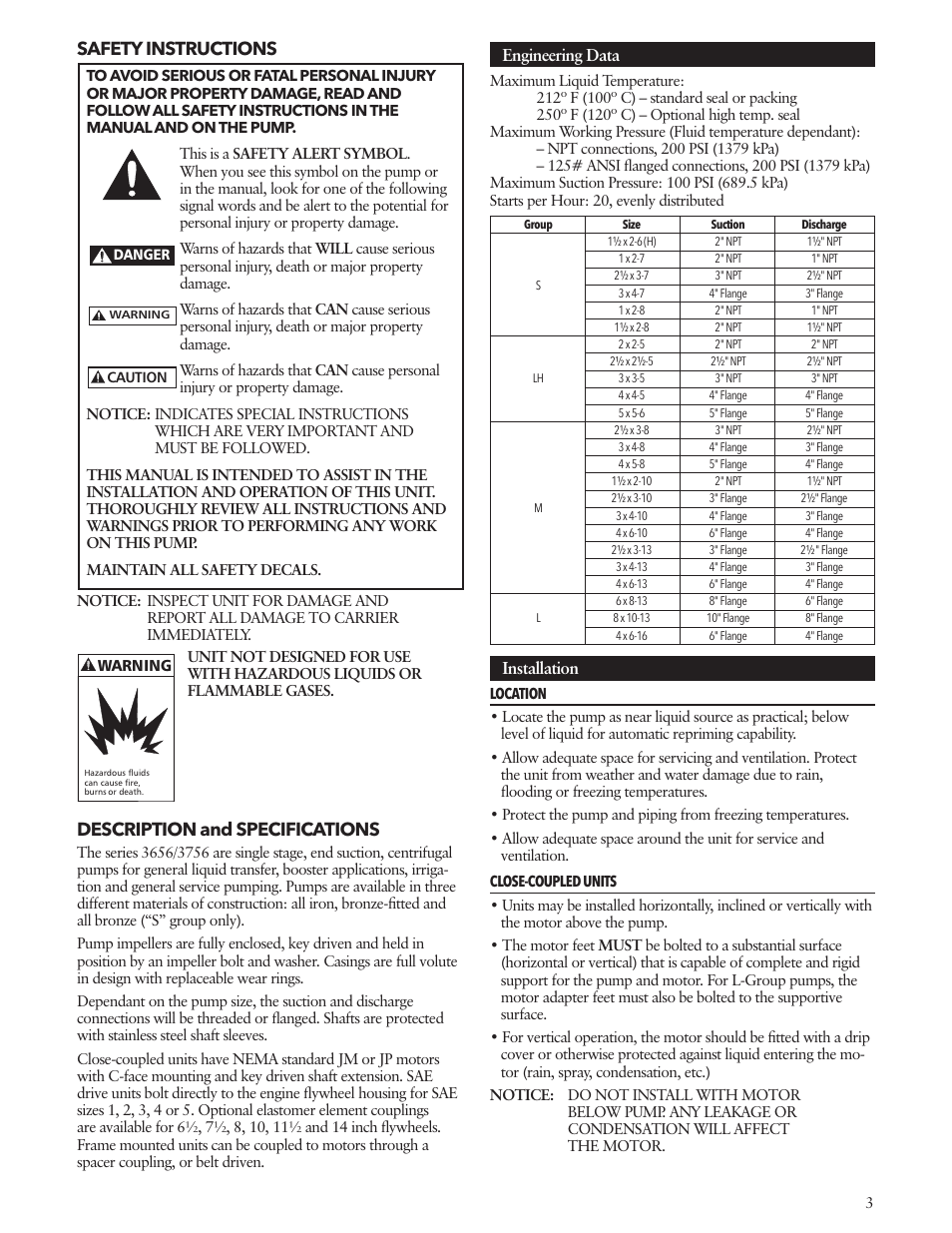 Safety instructions, Description and specifications, Engineering data | Installation | Xylem IM010 R08 Model 3656/3756 User Manual | Page 3 / 48