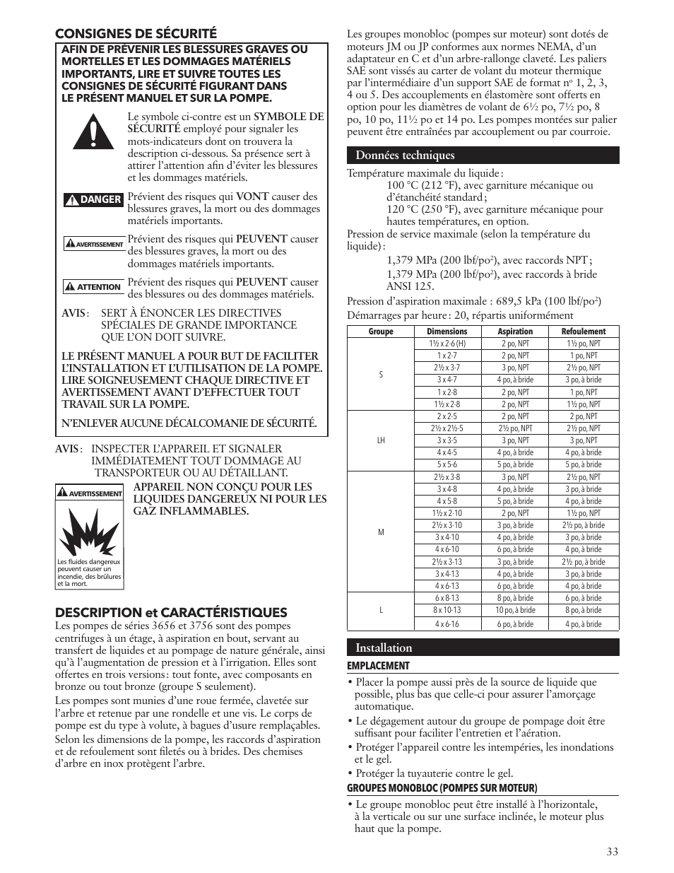 Consignes de sécurité, Description et caractéristiques, Données techniques | Installation | Xylem IM010 R08 Model 3656/3756 User Manual | Page 33 / 48