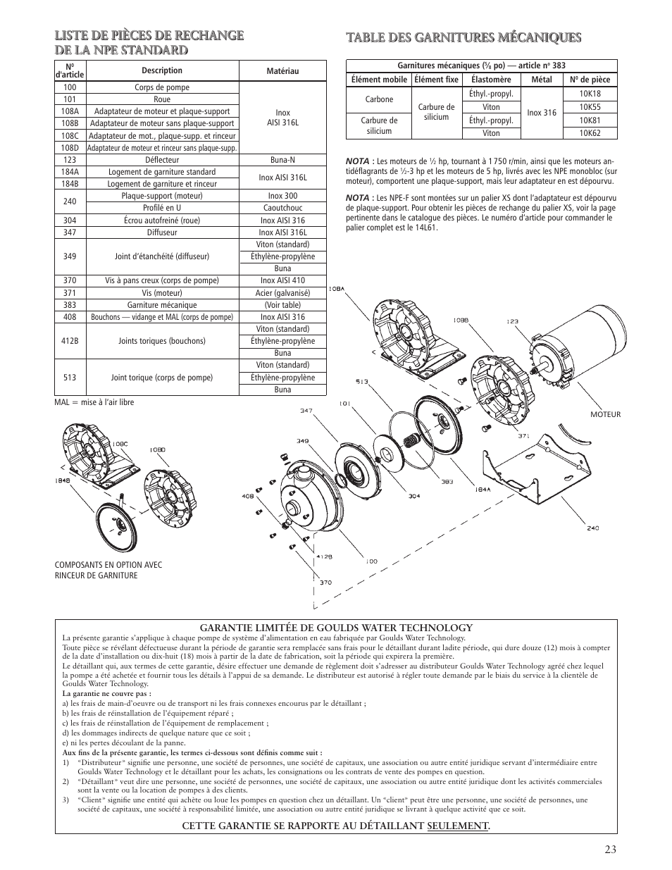 Liste de pièces de rechange de la npe standard, Table des garnitures mécaniques | Xylem IM013 R09 Model NPE/NPE F User Manual | Page 23 / 24