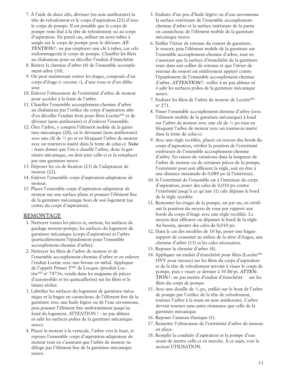 Remontage | Xylem IM023 R03 Model 45HB-70HB Multi-Stage Centrifugal Booster Pump User Manual | Page 11 / 12