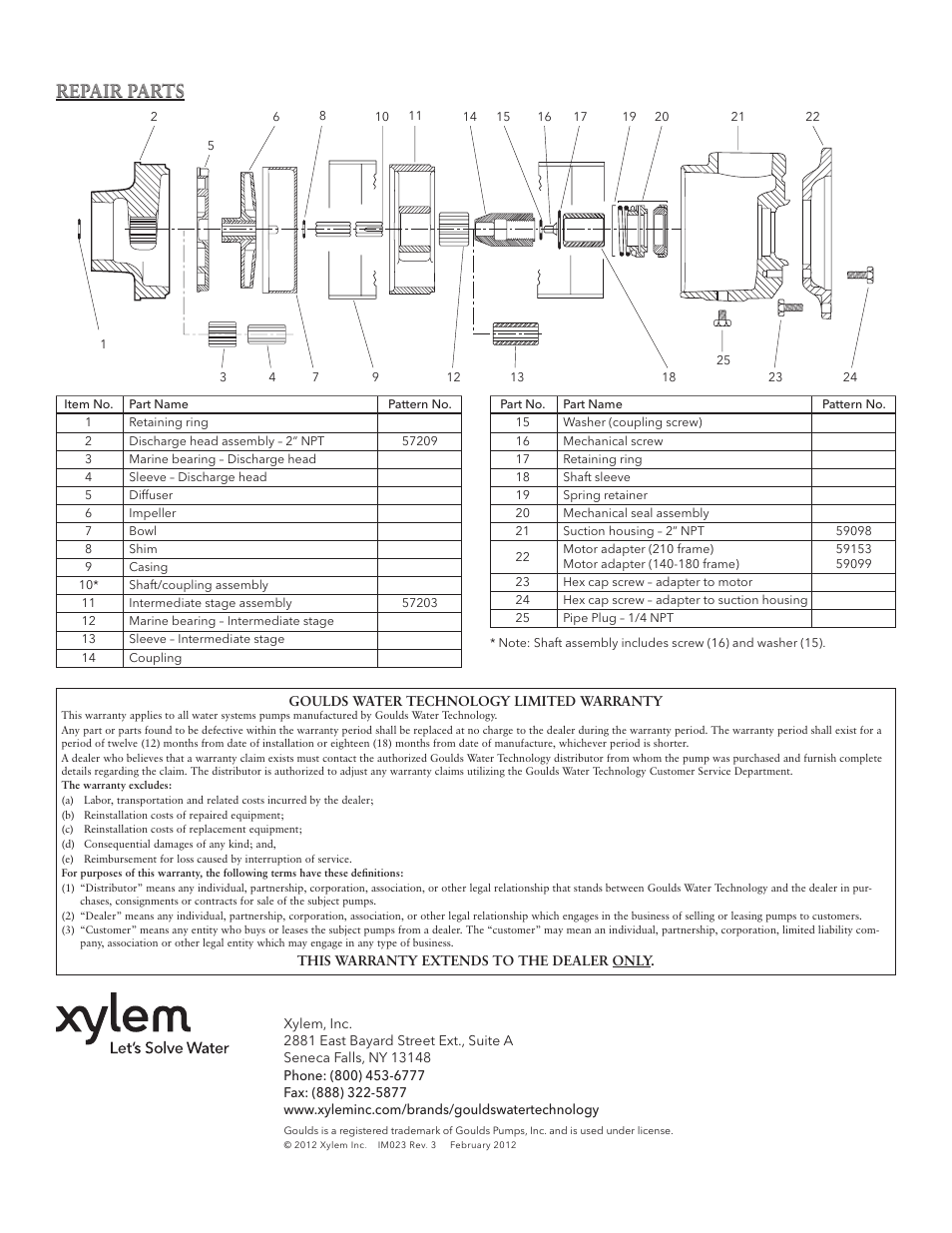 Repair parts | Xylem IM023 R03 Model 45HB-70HB Multi-Stage Centrifugal Booster Pump User Manual | Page 4 / 12