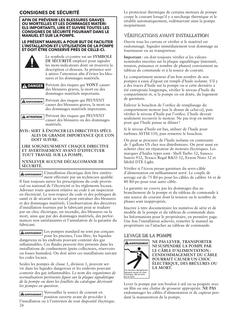Consignes de sécurité | Xylem IM038 R05 Single Phase Single Seal Grinder Pump User Manual | Page 26 / 36