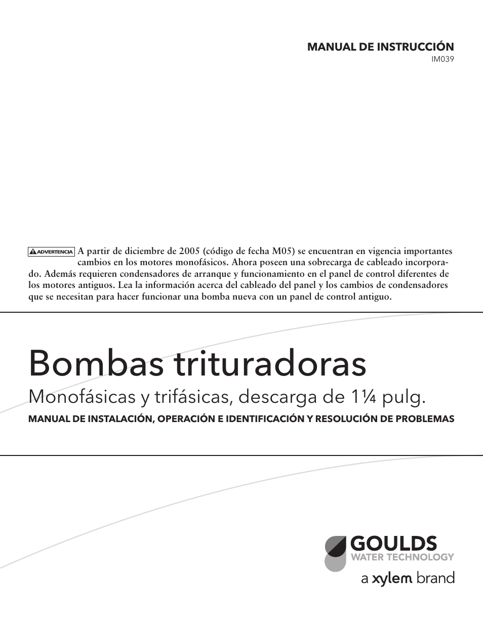 Bombas trituradoras, Monofásicas y trifásicas, descarga de 1¼ pulg | Xylem IM039 R04 Grinder Pumps 10 and 30 1_1/4 Discharge User Manual | Page 13 / 36
