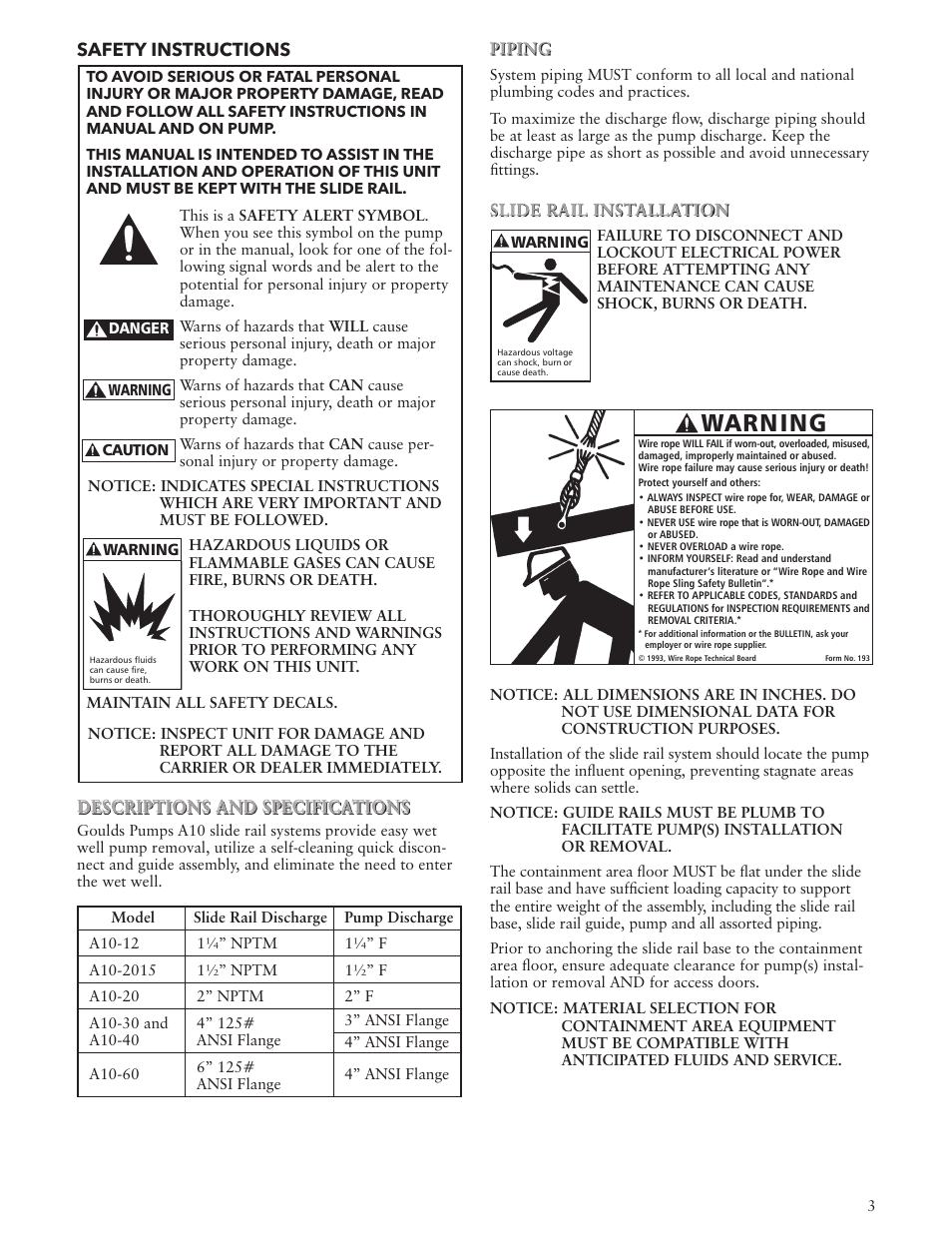 Warning, Safety instructions | Xylem IM042 R03 Slide Rail Systems Series A10 & APD User Manual | Page 3 / 8