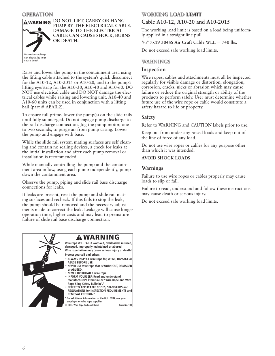Warning, Inspection, Safety | Warnings | Xylem IM042 R03 Slide Rail Systems Series A10 & APD User Manual | Page 6 / 8