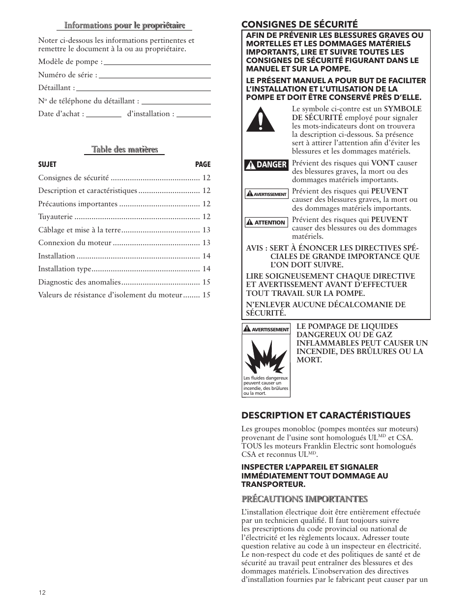 Consignes de sécurité, Description et caractéristiques | Xylem IM045 R03 High Head Effluent Pumps User Manual | Page 12 / 16