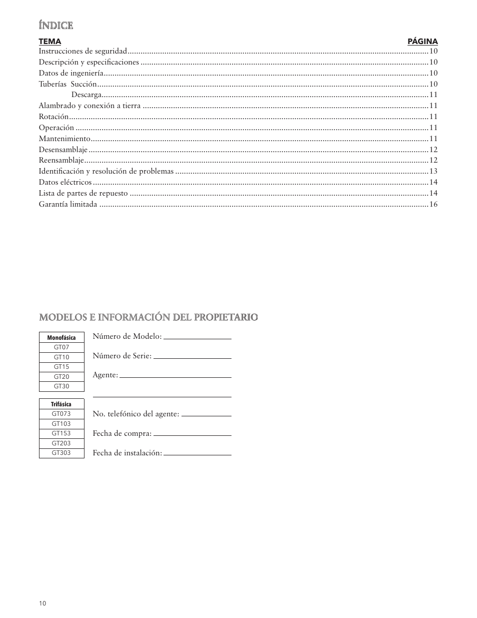 Modelos e información del propietario, Índice | Xylem IM049 R05 IRRI-GATOR Self Priming Model GT User Manual | Page 10 / 24