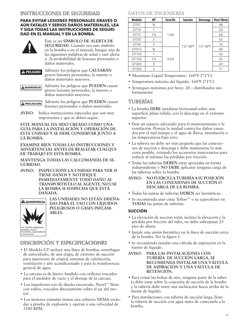Instrucciones de seguridad, Descripción y especificaciones, Datos de ingeniería | Tuberías | Xylem IM049 R05 IRRI-GATOR Self Priming Model GT User Manual | Page 11 / 24