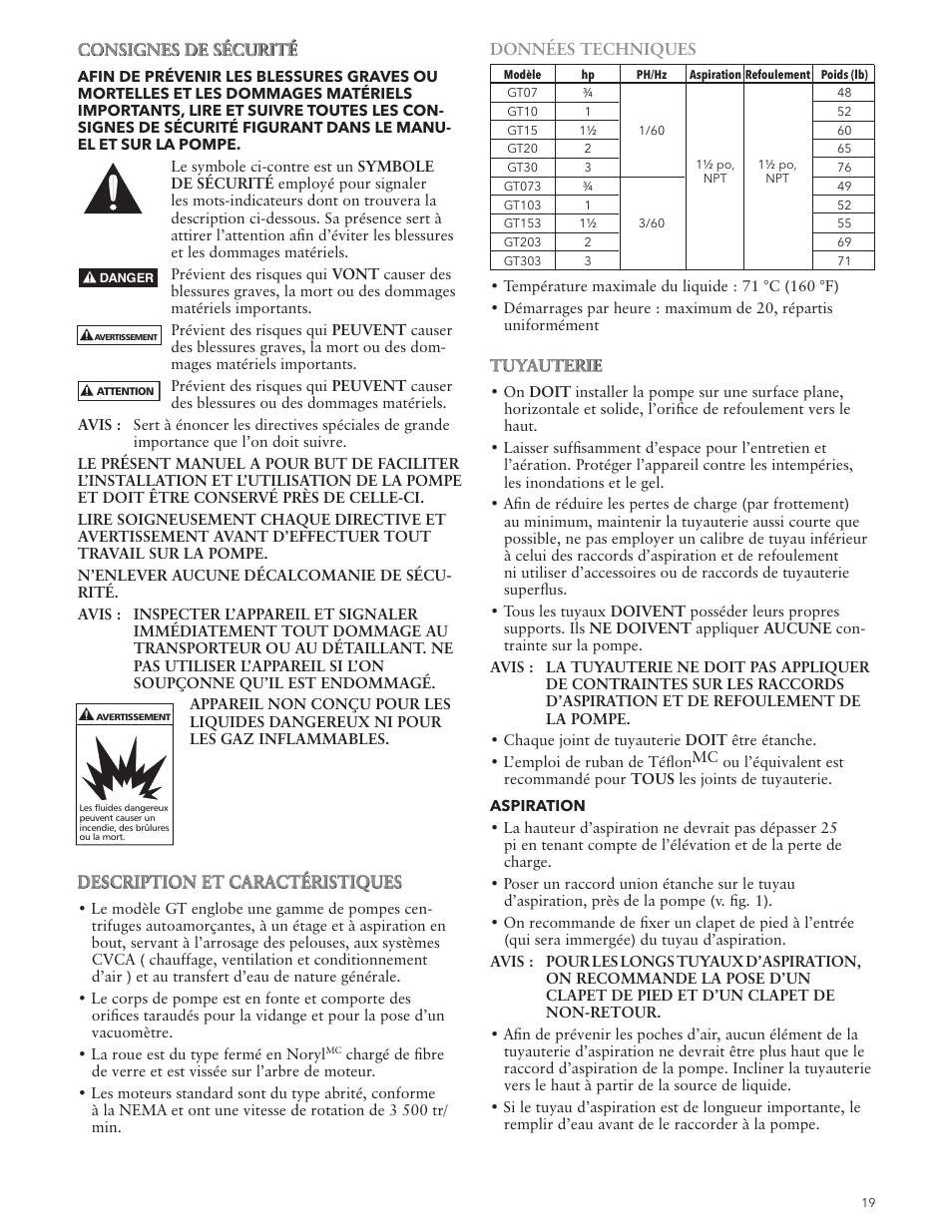 Consignes de sécurité, Description et caractéristiques, Données techniques | Tuyauterie | Xylem IM049 R05 IRRI-GATOR Self Priming Model GT User Manual | Page 19 / 24