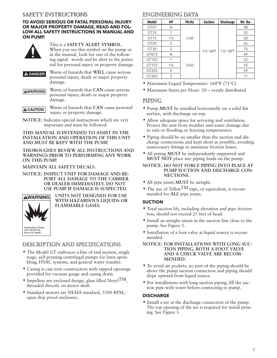 Safety instructions, Description and specifications, Engineering data | Piping | Xylem IM049 R05 IRRI-GATOR Self Priming Model GT User Manual | Page 3 / 24