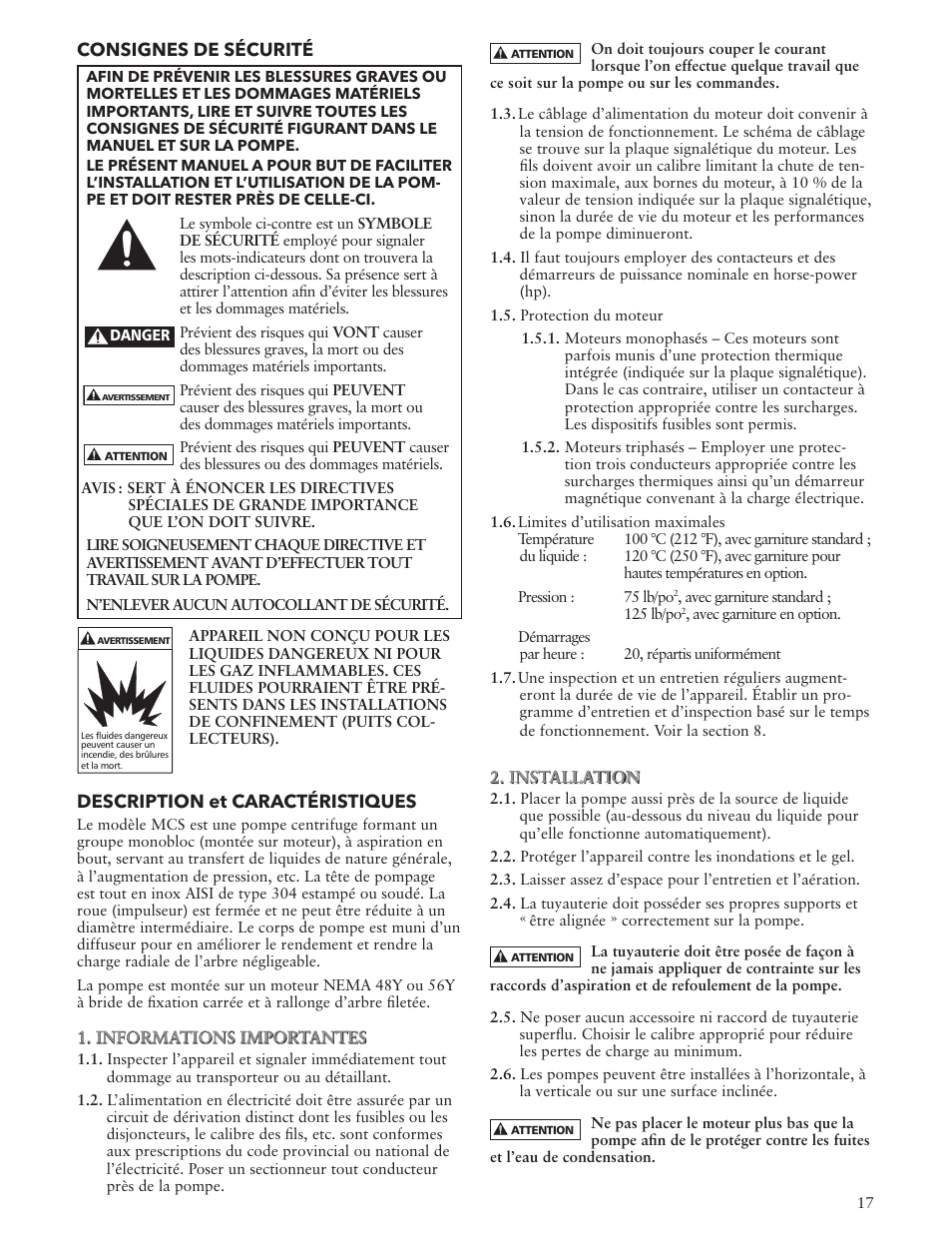 Consignes de sécurité, Description et caractéristiques | Xylem IM052 R04 Model MCS User Manual | Page 17 / 24