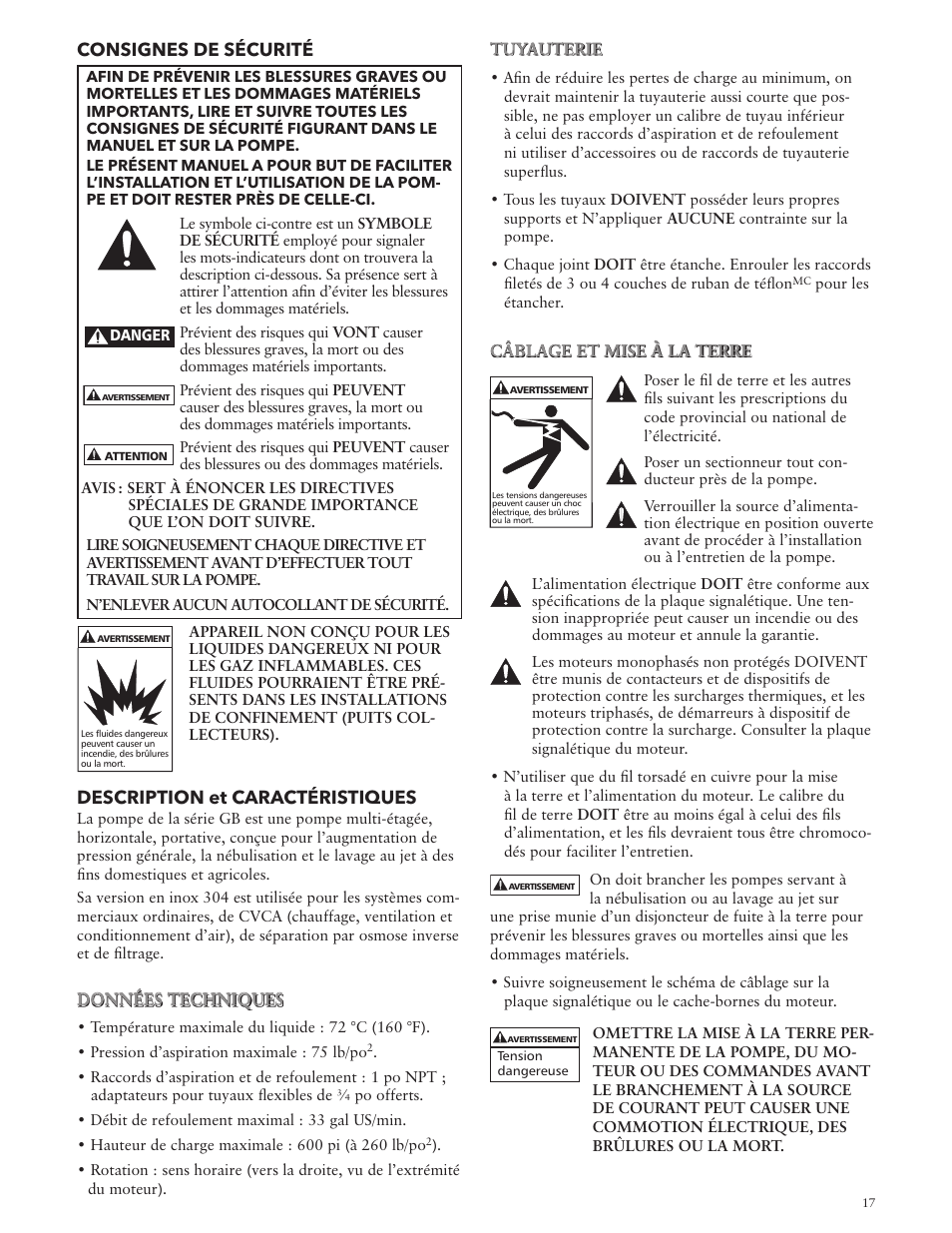 Consignes de sécurité, Description et caractéristiques | Xylem IM055 R03 MODEL GB User Manual | Page 17 / 24