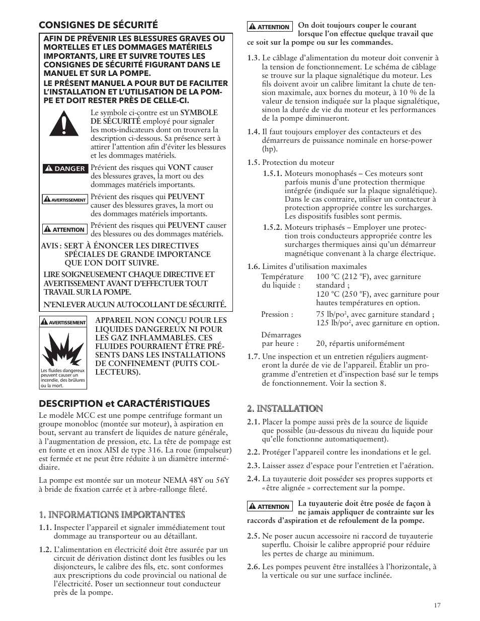 Consignes de sécurité, Description et caractéristiques | Xylem IM060 R03 Model MCC User Manual | Page 17 / 24
